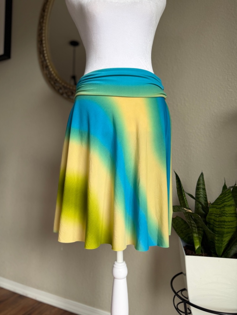 Women's Ombre Teal, Yellow & Green Flare Mini Skirt